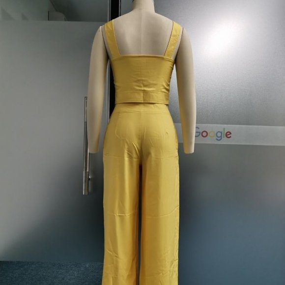 Solid Color Sleeveless Suspender Elegant Summer Wide Leg Pant Outfit - Picture 4 of 7